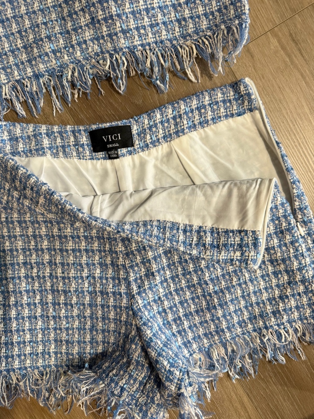 Vici Blue & White Tweed Fringe Short  Set - Picture 3 of 3